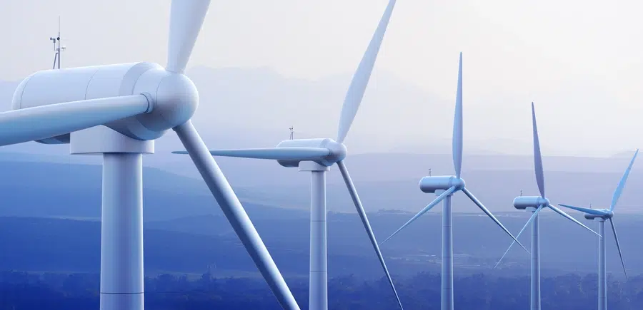 Wind Turbines with distant mountains